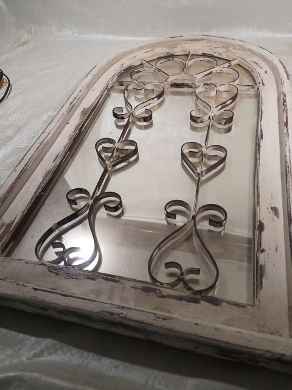 VERY LARGE STEEL AND SOLID WOOD CHURCH WINDOW MIRROR
