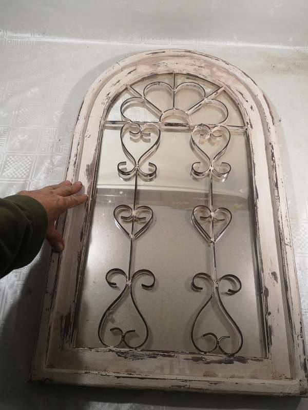 VERY LARGE STEEL AND SOLID WOOD CHURCH WINDOW MIRROR
