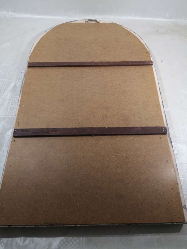 VERY LARGE STEEL AND SOLID WOOD CHURCH WINDOW MIRROR