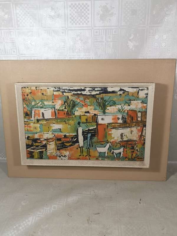 MAGNIFICENT AFRICAN TOWNSHIP SCENE ORIGINAL OIL ON BOARD SIGNED BY ARTIST