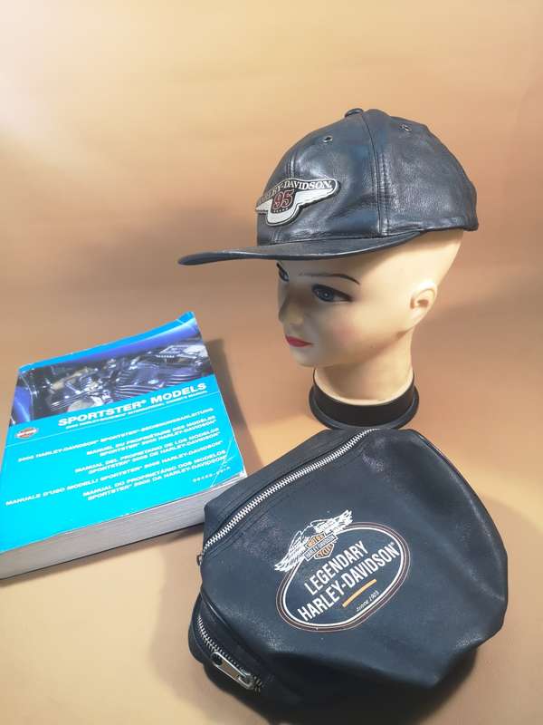 New - Harley Davidson 95th Anniversary Black 100% Leather Baseball Hat Cap + Bag + Owners Manual