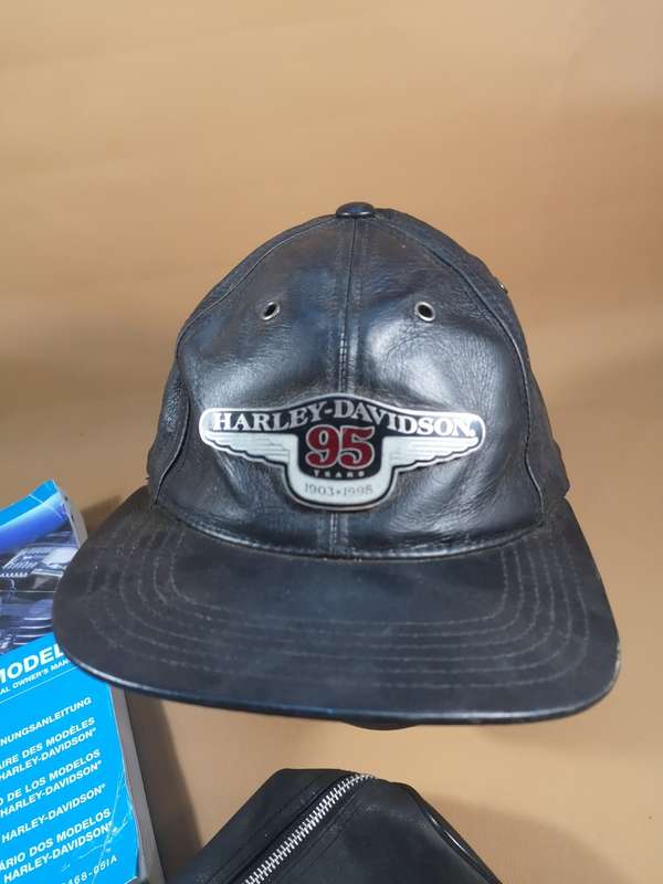New - Harley Davidson 95th Anniversary Black 100% Leather Baseball Hat Cap + Bag + Owners Manual