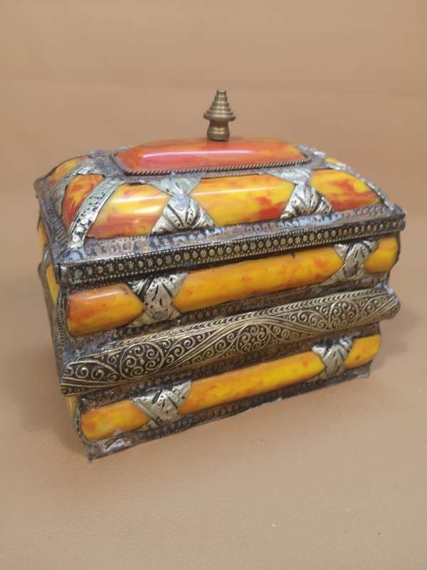 Antique Moroccan Bakelite & Silver Jewelry Casket
