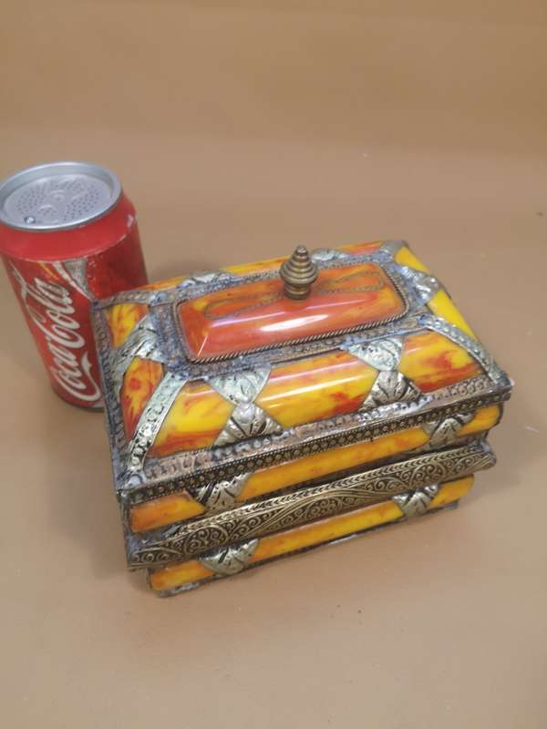 Antique Moroccan Bakelite & Silver Jewelry Casket