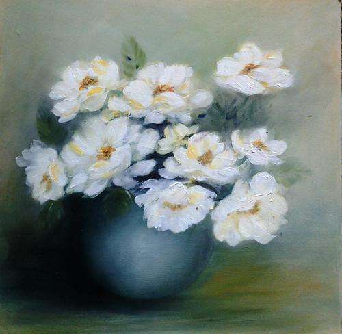 White roses in blue vase  OIL 30mm x 350mm