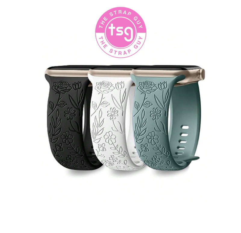 Watch Band compatible with Apple watch 42mm to 49mm Rose Blossom Engraved white silicone
