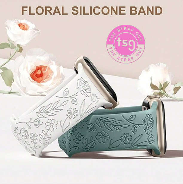 Watch Band compatible with Apple watch 42mm to 49mm Rose Blossom Engraved white silicone