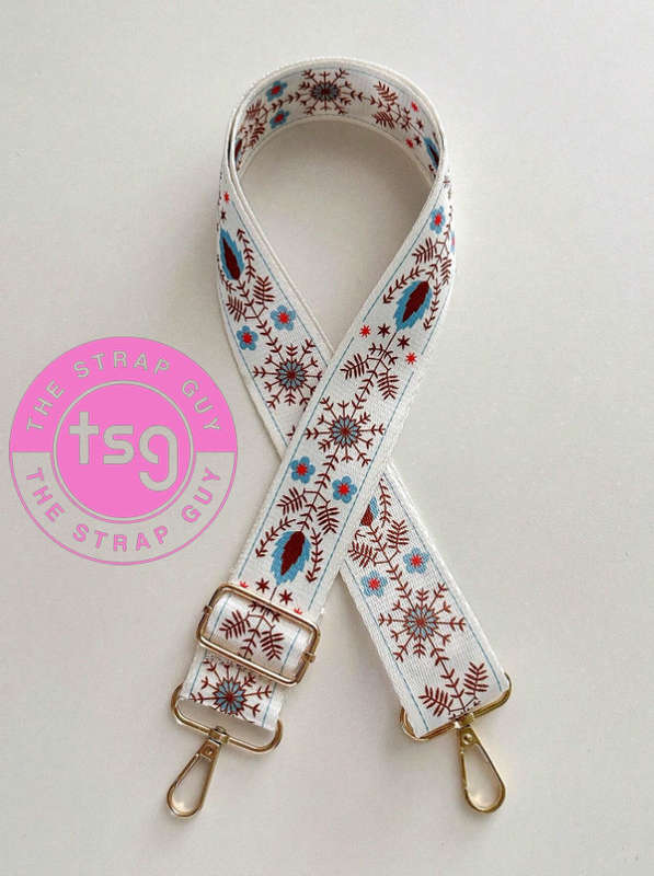 Cross Body Bag strap - Blue & gold snowflakes on white design - Single sided with wording on inner