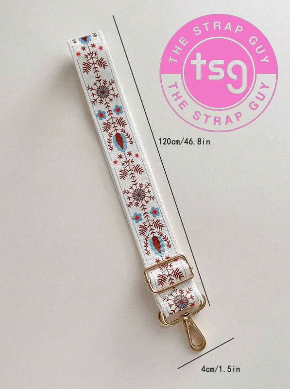 Cross Body Bag strap - Blue & gold snowflakes on white design - Single sided with wording on inner