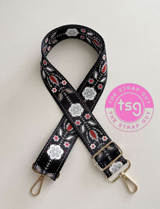 Cross Body Bag strap - Blue & red snowflakes on black design - Single sided with wording on inner