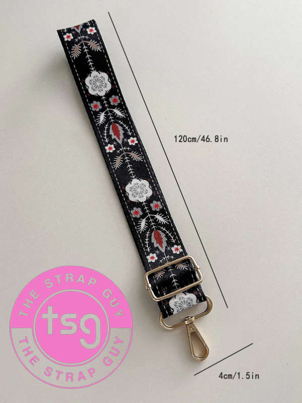 Cross Body Bag strap - Blue & red snowflakes on black design - Single sided with wording on inner