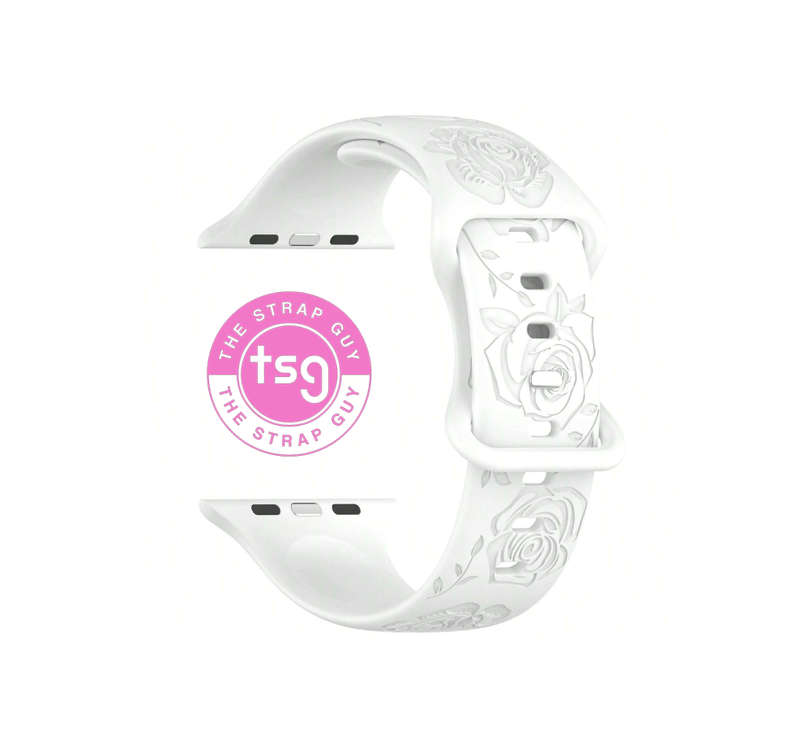 Rose Pattern Laser Carved Watch Band compatible with Apple watch 42mm to 49mm - White