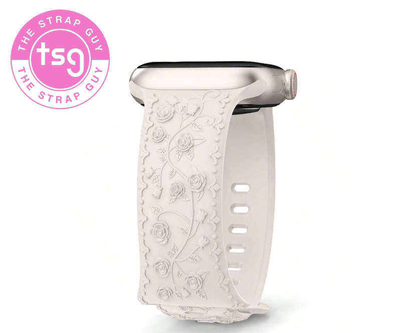 Embossed Rose Silicone Watch Band compatible with Apple watch 42mm to 49mm - Cream