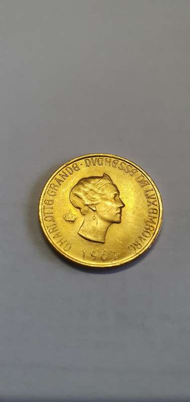 Rare Gold coin! 1963 20 Franc 100th anniversary of grand Duchess of Luxembourg