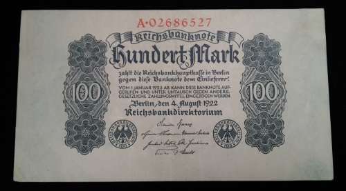 Germany 1922 100 Mark Reichsbanknote   AU       A-02686527