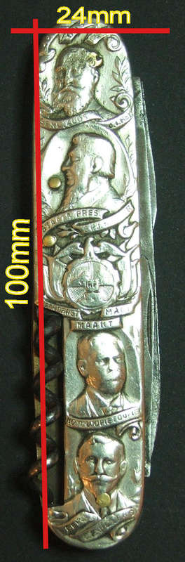 White Metal Pocket Knife With PAUL KRUGER    d.l Rey, Fourie, Beyers, De Wet, Steyn, Reitz, Hertzog