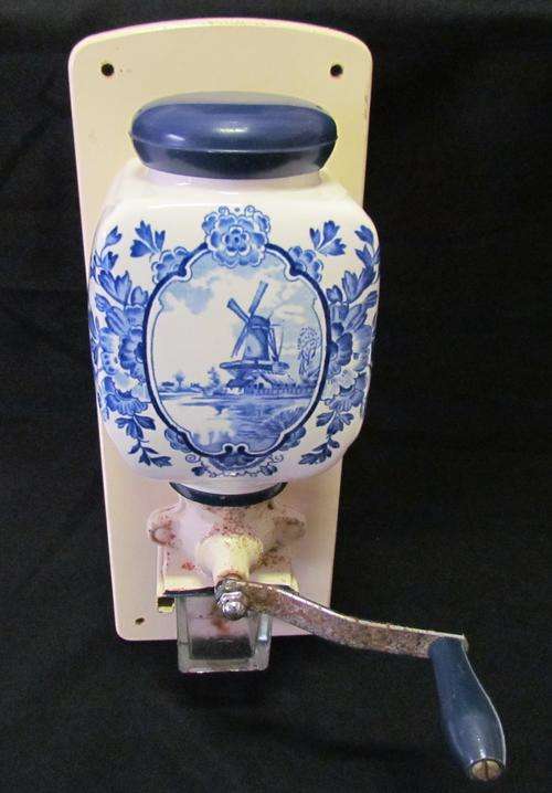 Antique 1940's De Ve Porcelain Coffee Grinder Netherlands Windmill Delft Decor