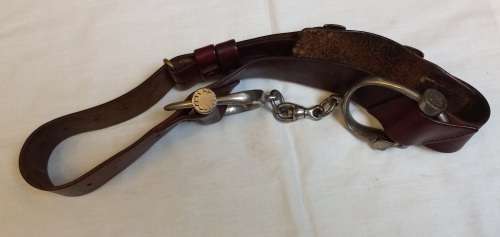 Old Souht African Police Leather Belt With Brass Bucklle and Cuffs  (No KEY)