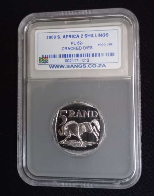 2000 South African Mandela R5 PL 62 Cracked Dies  ( Error  Description On Slab ` 2 Shilling ` )