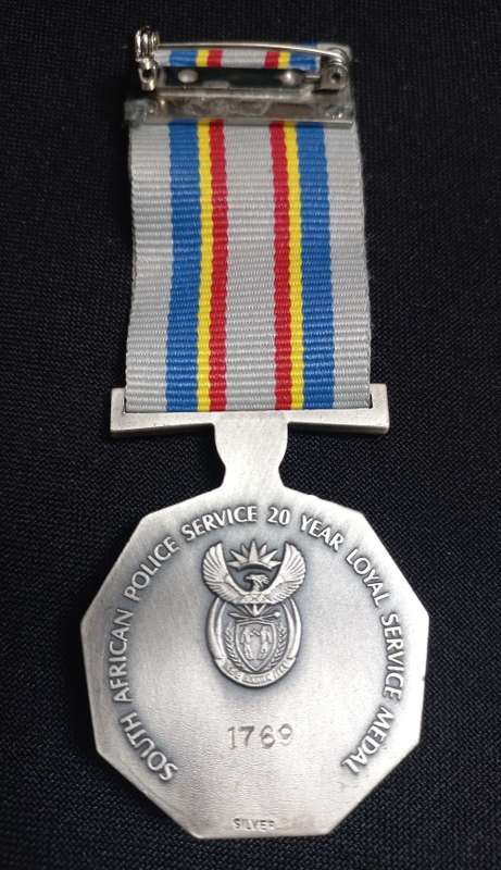 SAPS 20 Year Loyal Service Medal. Full size medal. Numbered 1769     Silver         M2