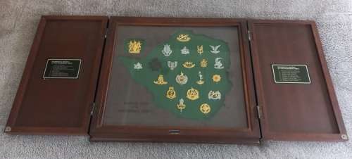 Rhodesian Army Regimental Badges Cased In Hard Wood Case Number 0716