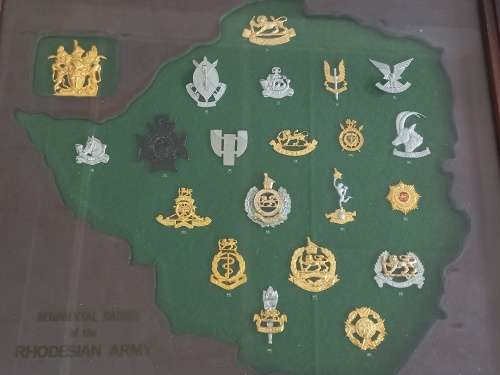 Rhodesian Army Regimental Badges Cased In Hard Wood Case Number 0716