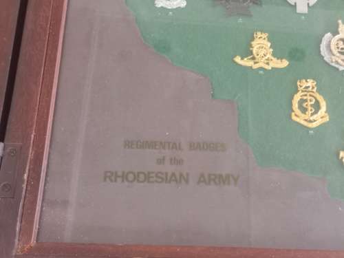 Rhodesian Army Regimental Badges Cased In Hard Wood Case Number 0716