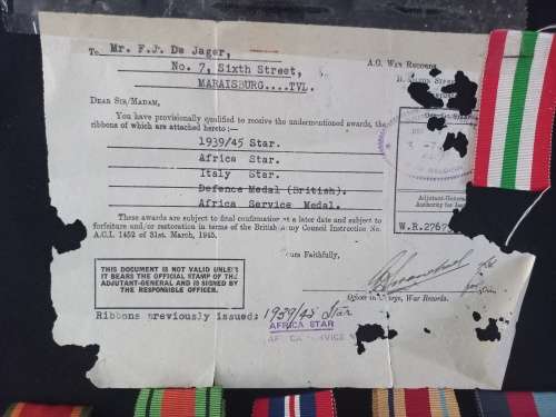 WW2 Medal Group Awarded To Mr. F.J. De Jager  27673