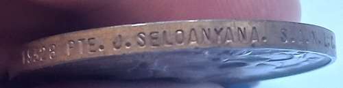 British War Medal  `` BRONZE `` Awarded To 19328 PTE. J. SELOANYANA S.A.N.L.C. `` SUPER RARE ``