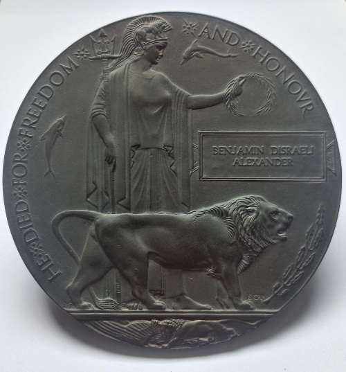 WW1 Death Plaque To BENJAMIN DISRAELI ALEXANDER