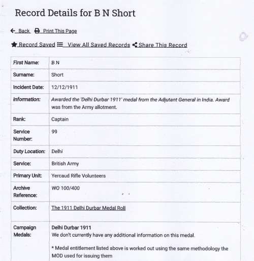 Volunteer Long Service Medal Awarded To : Capt. B.N. Short Yercaud Rifle Voltrs