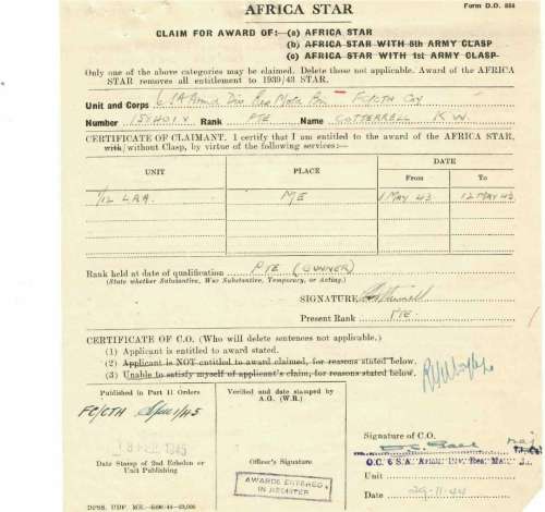 WW2 Medal Group, Insignia and Documents Awarded To: 158401 PTE. (GUNNER)  K.W. COTTERRELL