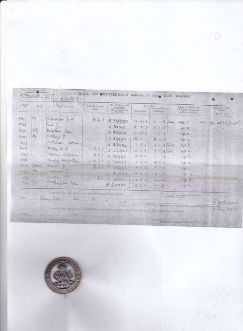 WW1 Silver WAR BADGE Awarded To: Jamison S  B 39999