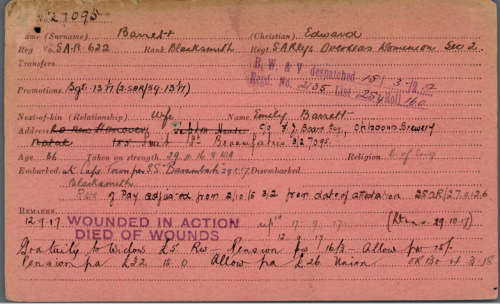QSA + BWM + Victory Medal + Death Plaque Awarded To 5342 PTE. E. BARRETT 26TH Coy 7TH IMPL:YEO: