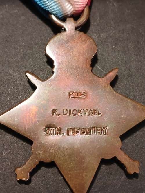 WW1 Medal Trio Awarded To: L/CPL R. DICKMAN 5TH INFANTRY                  No.19