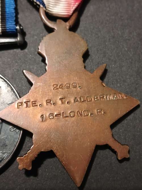 WW1 Medal Trio Awarded To: 2499 PTE. R.T. ALDERMAN 16-LOND.R.                        No.20