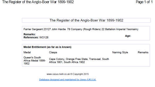 Boer War -  QSA Medal Awarded To:  23127 FAR: SERJT: J. HARDIE. 78TH COY IMP: YEO:     No.29