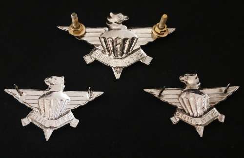 SADF 3 PARACHUTE -  Set of 1 x CAP BADGE & 2 COLLAR BADGES CHROMED- WORN 1979-1985            F84