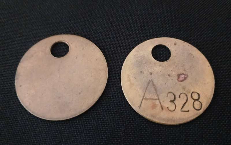 Tool Check Tokens    (   One Token Is Numbered A328 One Is Blank  )                       F113