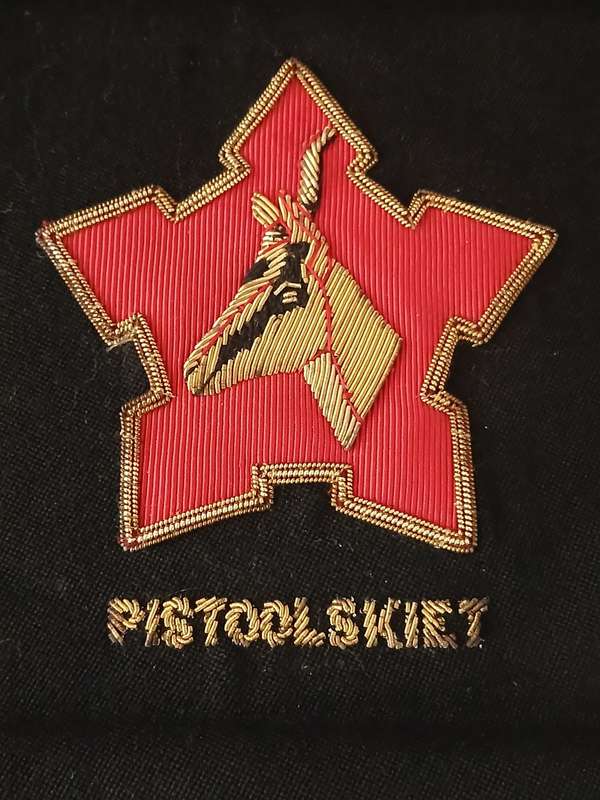 SADF Blazer Badge ( Bullion Wire )  PISTOOLSKIET       Size: 20 x 19 cm             F166