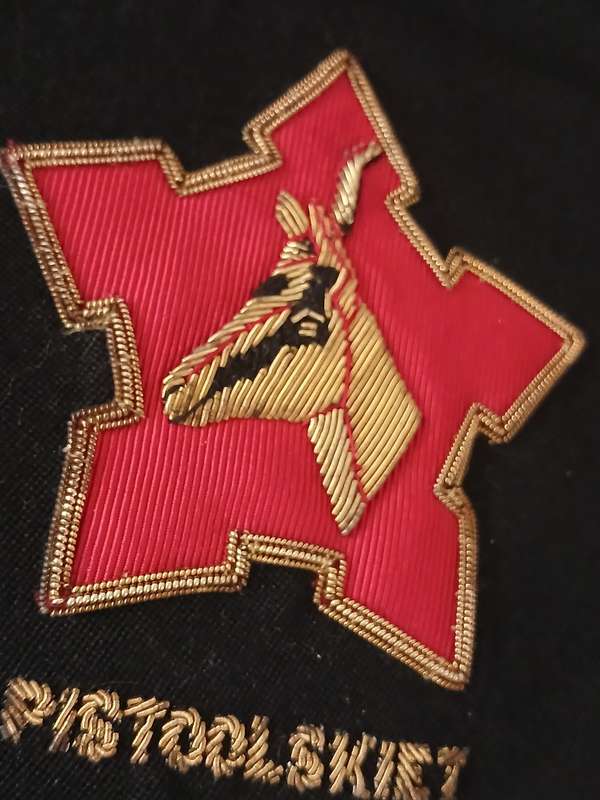 SADF Blazer Badge ( Bullion Wire )  PISTOOLSKIET       Size: 20 x 19 cm             F166