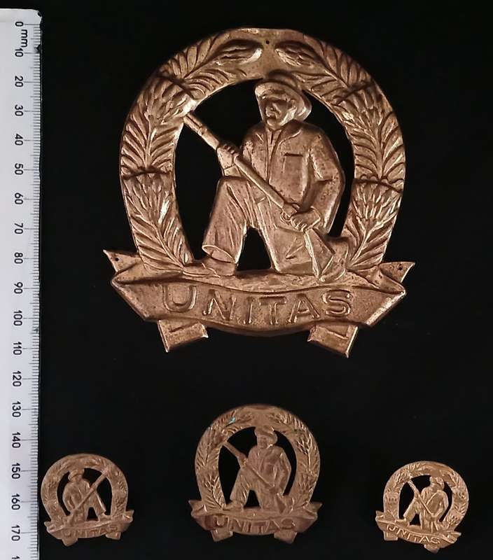 SADF UNITAS CAP AND COLLAR BADGES + PLAQUE BADGE              C91