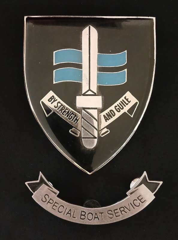 SPECIAL BOAT SERVICE ( SBS ) BADGE RAISED DAGGER AND SCROLL   ( One Pin On Scroll Repaired )     C99