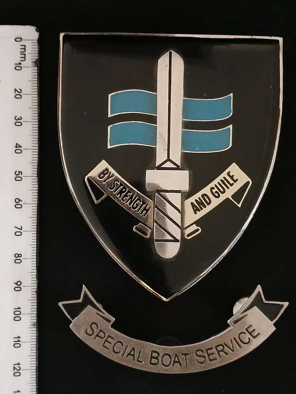 SPECIAL BOAT SERVICE ( SBS ) BADGE RAISED DAGGER AND SCROLL   ( One Pin On Scroll Repaired )     C99