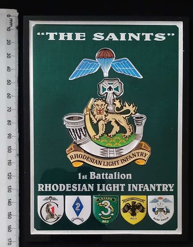 RHODESIAN LIGHT INFANTRY 1ST BATTALION ` THE SAINTS ` PLAQUE WITH 5 SHIELDS           No.1