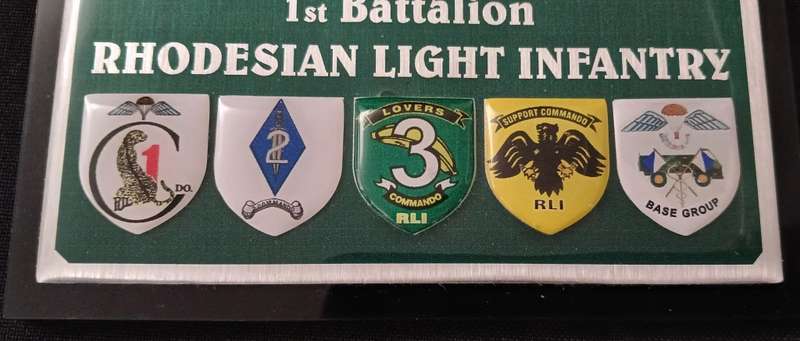 RHODESIAN LIGHT INFANTRY 1ST BATTALION ` THE SAINTS ` PLAQUE WITH 5 SHIELDS           No.1