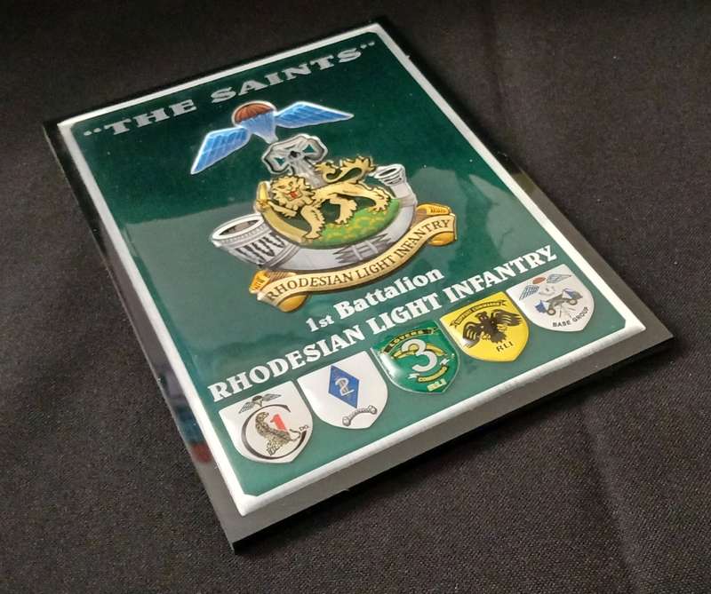 RHODESIAN LIGHT INFANTRY 1ST BATTALION ` THE SAINTS ` PLAQUE WITH 5 SHIELDS           No.1