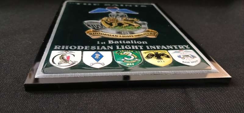 RHODESIAN LIGHT INFANTRY 1ST BATTALION ` THE SAINTS ` PLAQUE WITH 5 SHIELDS           No.1