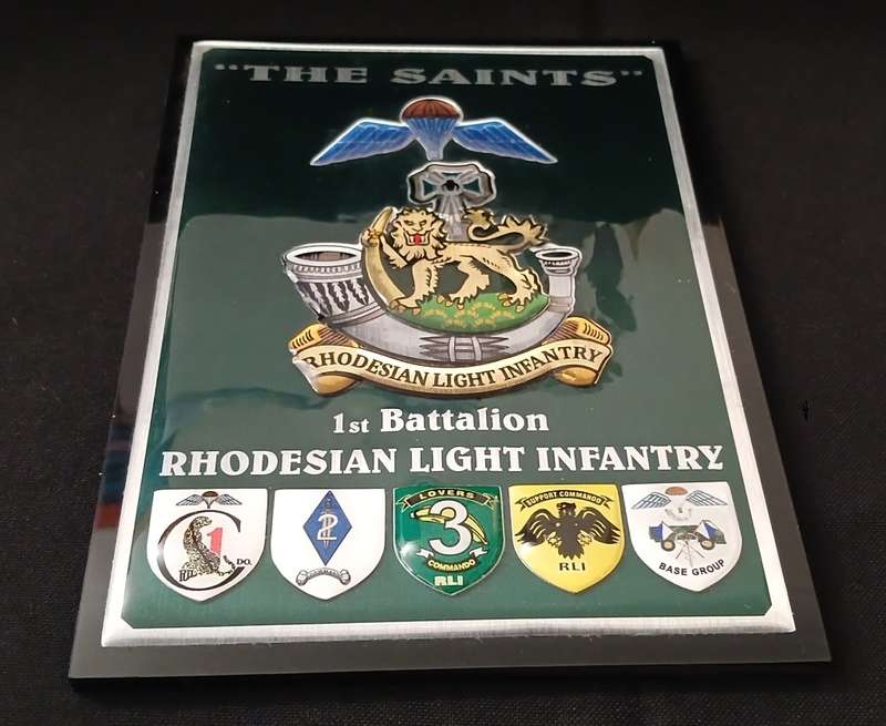 RHODESIAN LIGHT INFANTRY 1ST BATTALION ` THE SAINTS ` PLAQUE WITH 5 SHIELDS           No.1
