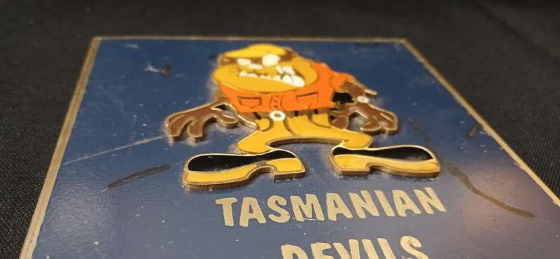 TASMANIAN DEVILS   `` DEVIL OF THE MONTH `  BRASS AND ENAMEL PLAQUE WITH RAISED EMBLEM        No,7